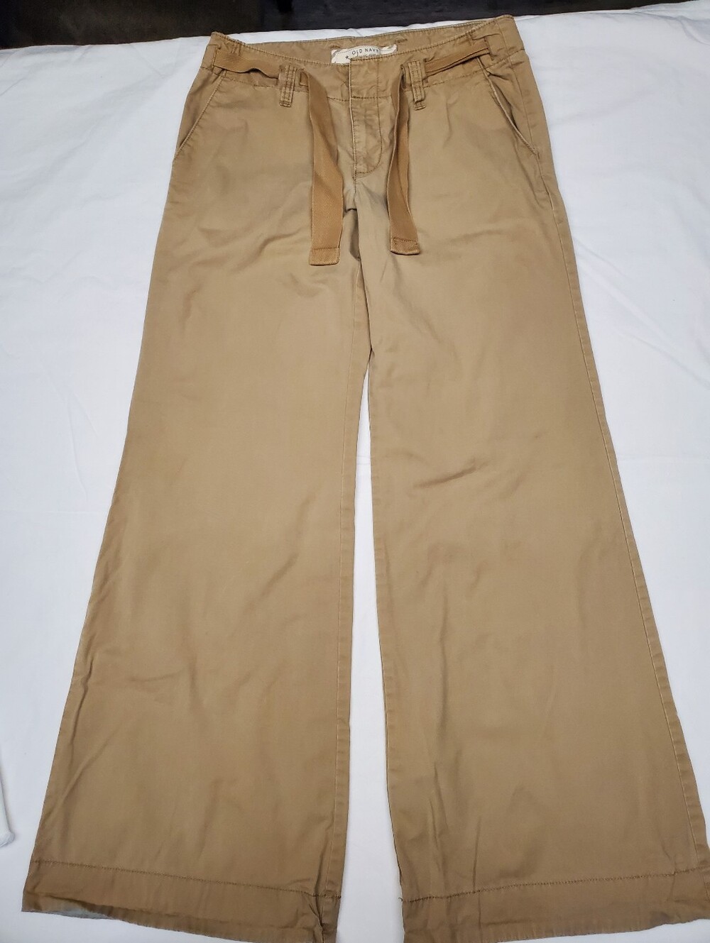 Old Navy Khaki Wide Leg Trouser Pants Belted Tie Waist Cuffed Hem Size 4